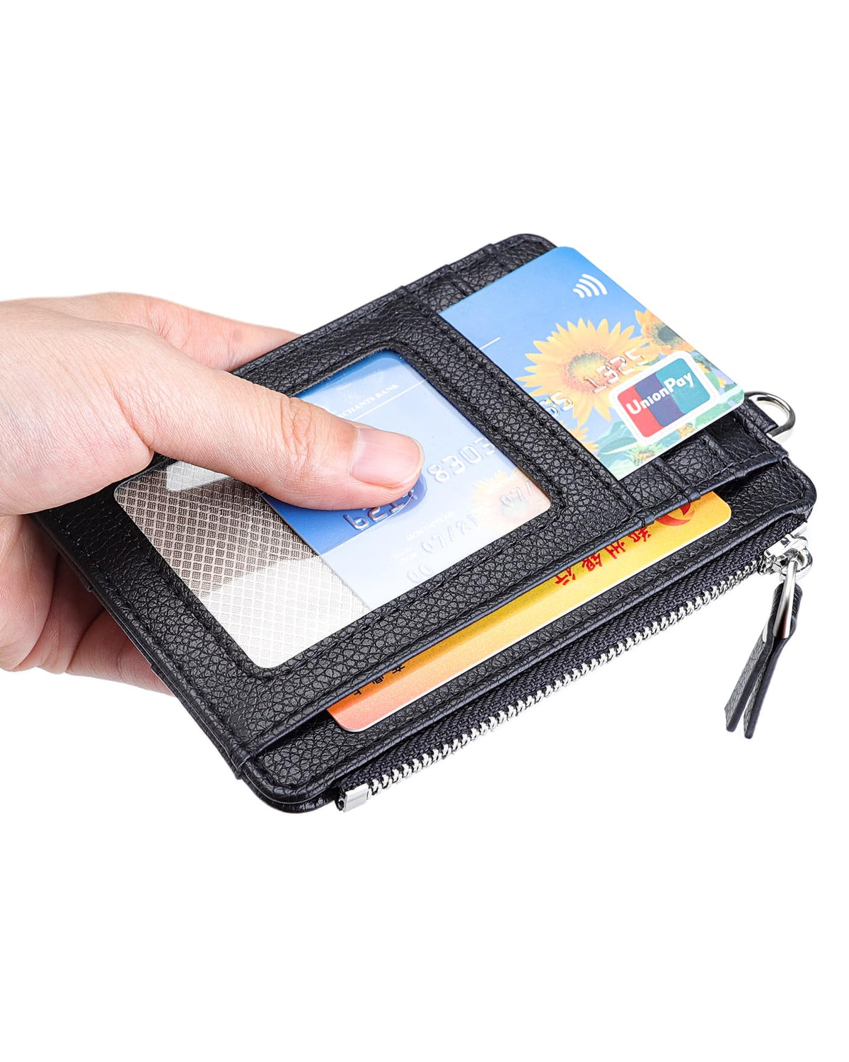Teskyer Slim Card Holder Wallet with Zip Pocket, RFID Blocking, Total 9 Compartments Large Capacity, 3.5" x 4.7" (Slight Larger Than Usual), Faux Leather - Black