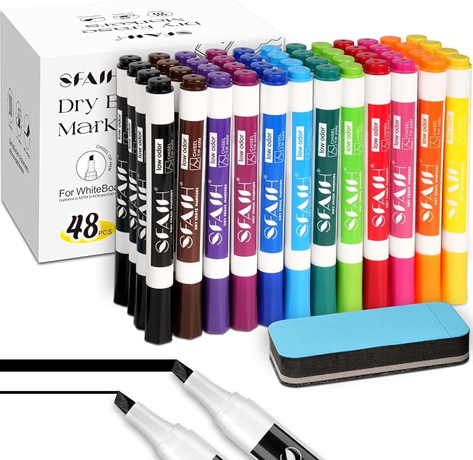 SFAIH Dry Erase Markers Chisel Tip with Magnetic Whiteboard Eraser, 48 Bulk 12 Assorted Colors White Board Markers for Teachers, Versatile Lines, 1s Quickly Dry, Perfect for Classroom and Office