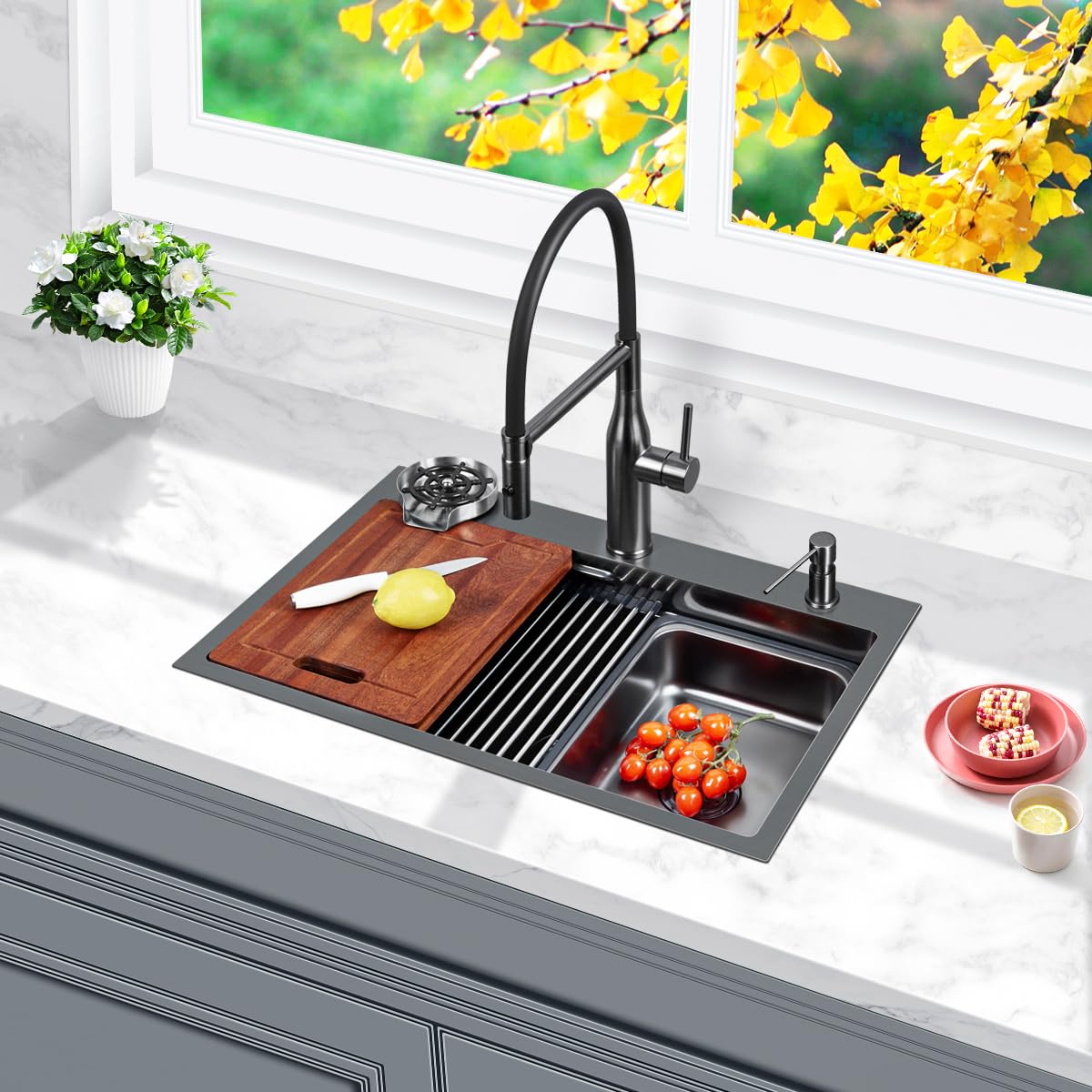 FRANIC 26" Handmade Black Bar Workstation Sink, 26" x 18" x 8" Stainless Steel Matte Nano Black Topmount Single Bowl Small Kitchen Outdoor Sink