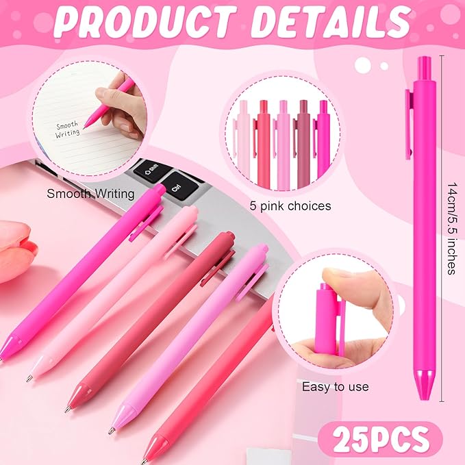 25 Pcs Ballpoint Pens Bulk Retractable Writing 1. 0 mm Black Ink Cute Pens Smooth Writing Color Fancy Gift for Teacher Student Employee Office School Home Baby Shower Supplies (Pink Series)