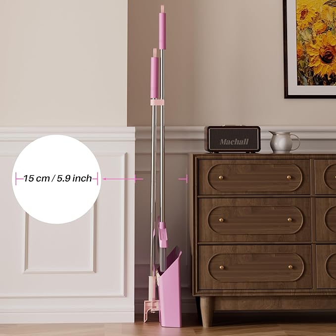 JOYMOOP Pink Broom and Dustpan Set, Upright Angle with Built-in Comb Teeth for Kitchen, Lobby, Pet Hair and Hard Floors