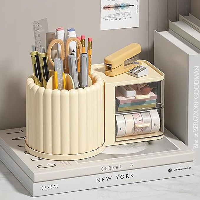 Anyoifax 360 Rotating Makeup Brush Holder 7 Slots Makeup Organizer with Drawer Removable Spinning Cosmetic Storage Pen Holder for Vanity, Dresser, Desk, Beige