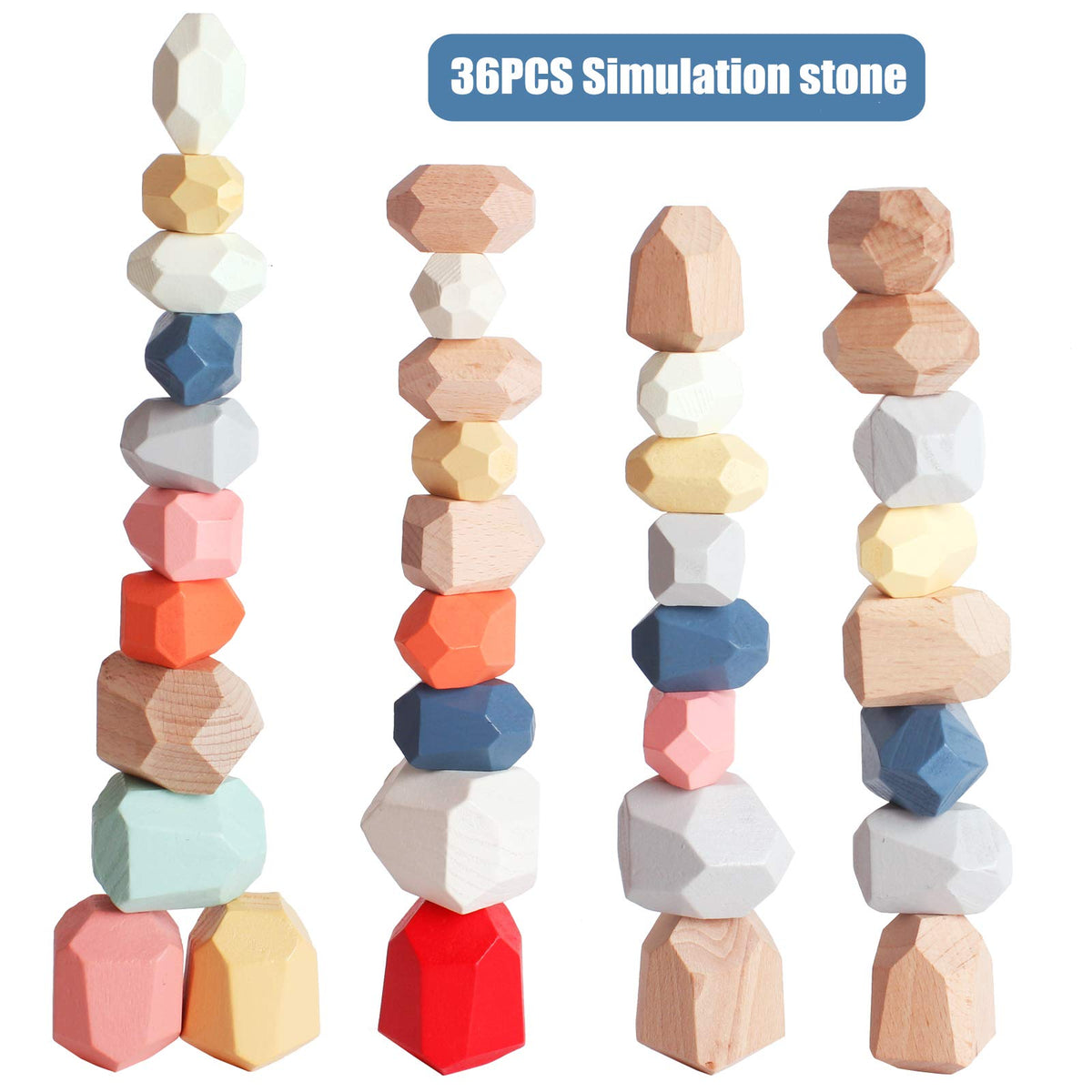 BESTAMTOY 36 PCS Wooden Sorting Stacking Rocks Stones,Sensory Toddler Toys Learning Montessori Toys, Building Blocks Game for Kids 3 4 5 6 Years Boy and Girl Birthday Gifts for Kids