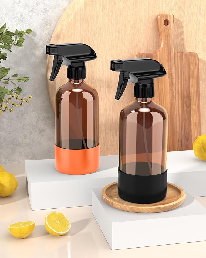 Glass Spray Bottle with Silicone Sleeve Protection, Amber Glass Spray Bottle Set for Window Cleaner Aromatherapy Facial Hydration Watering Flowers Hair Care 2 Pack/16 oz (Black & Orange, 16 oz)