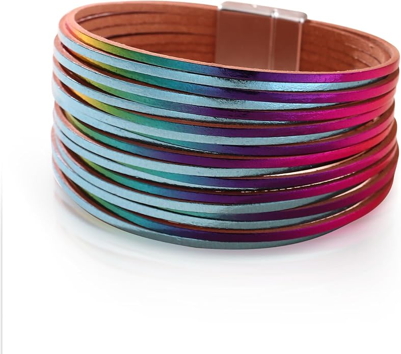 Fesciory Leather Wrap Bracelets for Women, Boho Leopard Multi-Layer Crystal Beads Cuff Bracelet Jewelry
