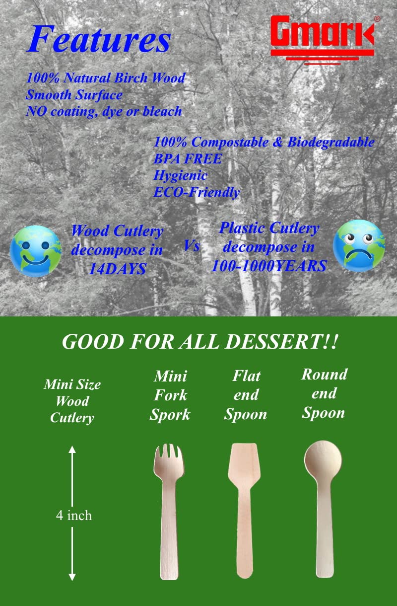 Gmark 1.5mm Extra-Thick Mini Wooden Sporks (4 Inch) - 200 Count Heavy Duty 2-in-1 Birch Wood Utensils - Sturdy No-Snap Small Fork-Spoon Combo for Appetizers & Desserts - Eco-Friendly GM1058