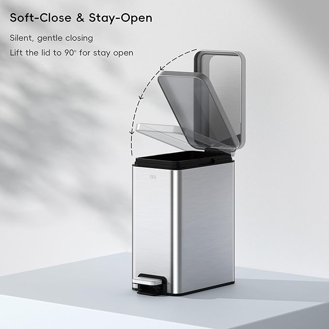 EKO Small Bathroom Trash Can with Lid Soft Close, Step Pedal, 6 Liter / 1.6 Gallon Stainless Steel Garbage Can with Removable Inner Bucket, Anti-Fingerprint Finish (Silver)
