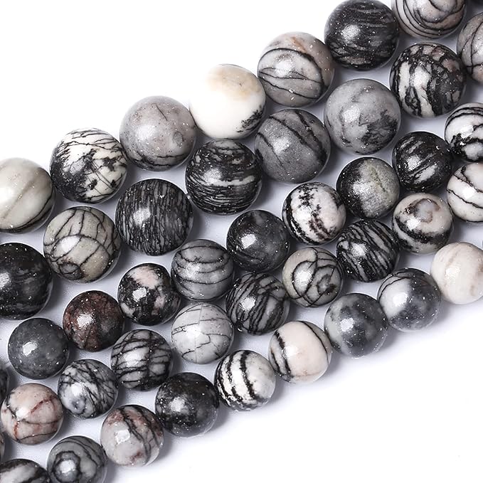 60pcs 6mm Natural Stone Beads Spider Web Stone Round Loose Spacer Energy Stone Healing Power Beads for Jewelry Making DIY Bracelet Necklace 15"