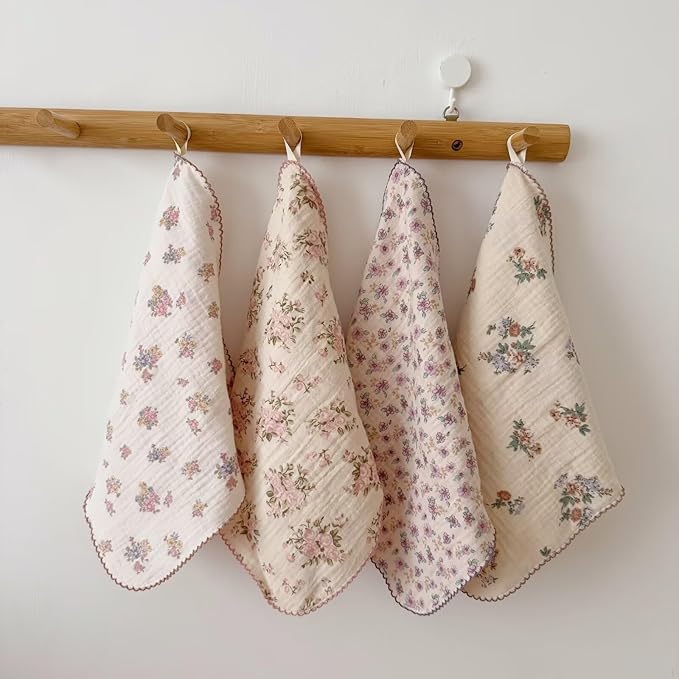 BuLuTu 100% Muslin Cotton Kitchen Towels Set - Pack of 4, 11x11 Inches, Soft, Absorbent, No Shrink Kitchen Towels for Quick Wipe Dishcloths Vintage Floral Print Tea Towels Cleaning Rags