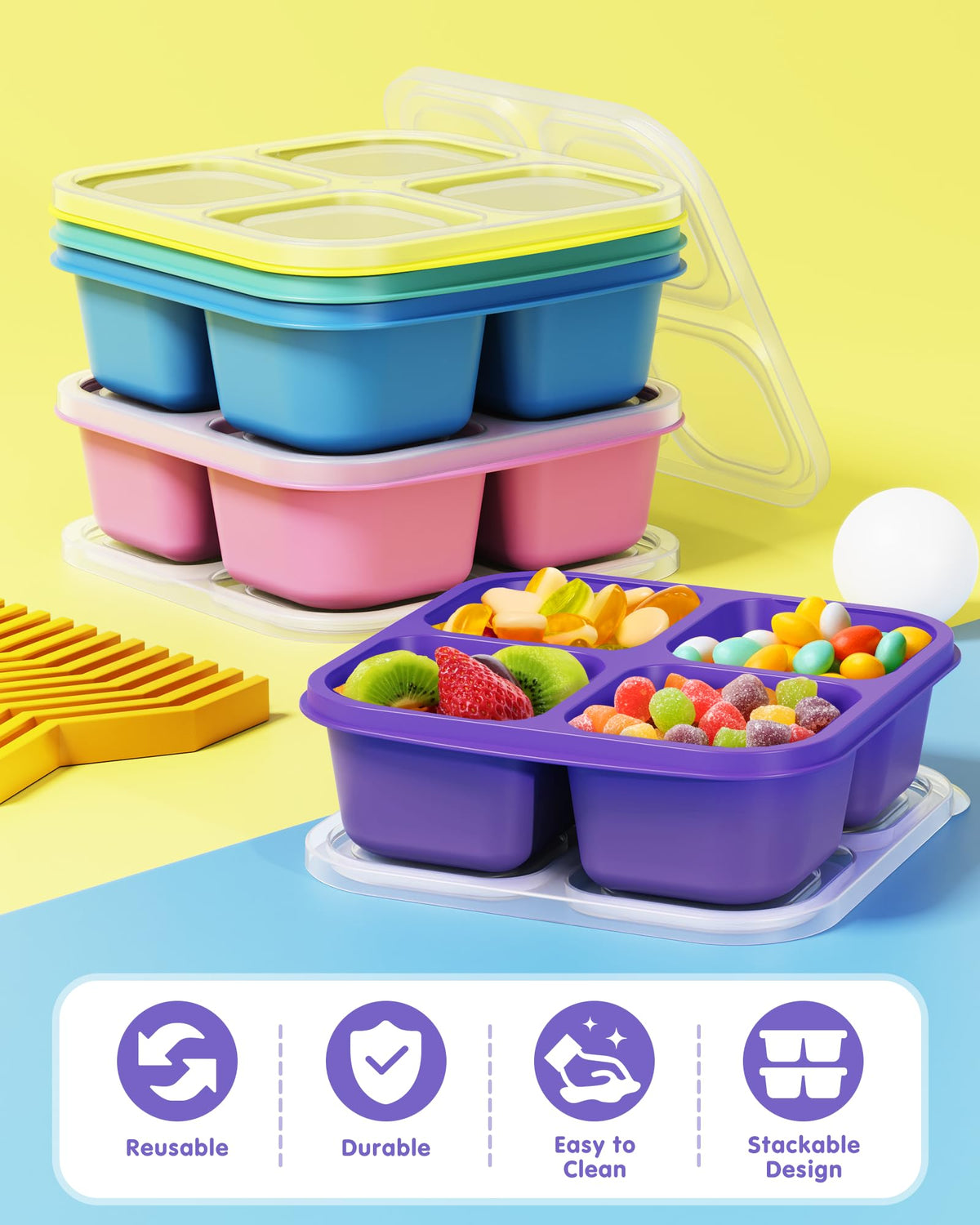 5 Pcs Bento Snack Containers, Reusable 4 Compartment Divided Food Storage Containers, Divided Lunchable Container for School, Work and Travel (Transparent Lids)