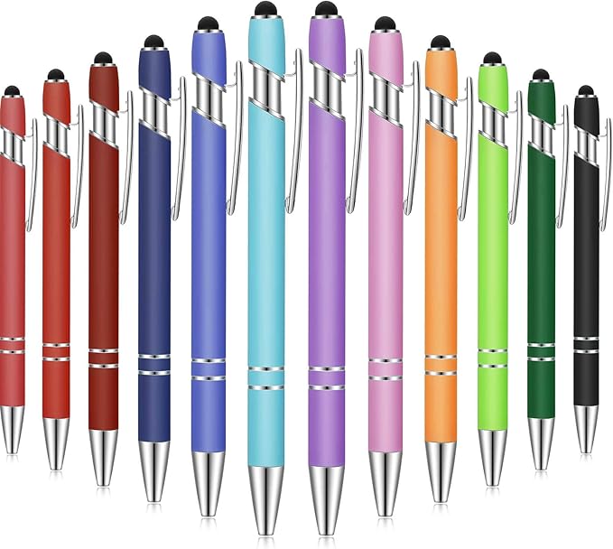 Tenare 12 Pieces 2 in 1 Stylus Metal Ballpoint Pen with Stylus Tip, 1.0 mm Black Ink Ballpoint Pen for Touch Screens(Mixed Color)