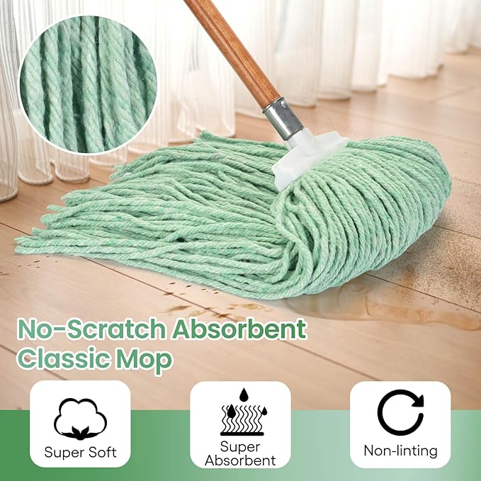 Matthew Cleaning Screw-on Heavy Duty Cotton Wet Mop Replacement Heads(Green, Large,12 Pack) with 2 Pack Microfiber Cloth for Residential & Commercial Floor Cleaning Use- Fit Standard American Screw