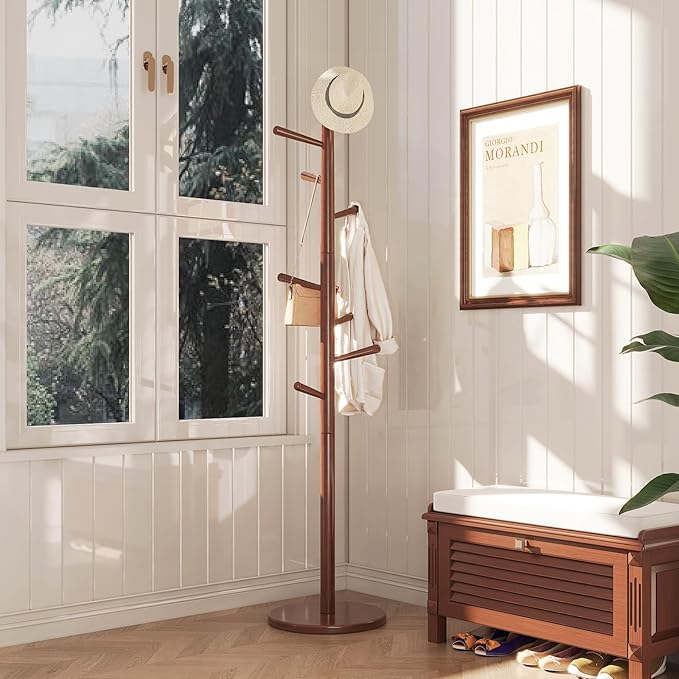 Uniclinens Coat Rack Freestanding Solid Wood Coat Tree Standing with 8 Hooks, Coat Rack Stand Creative Tree Branch-Look (Walnut)