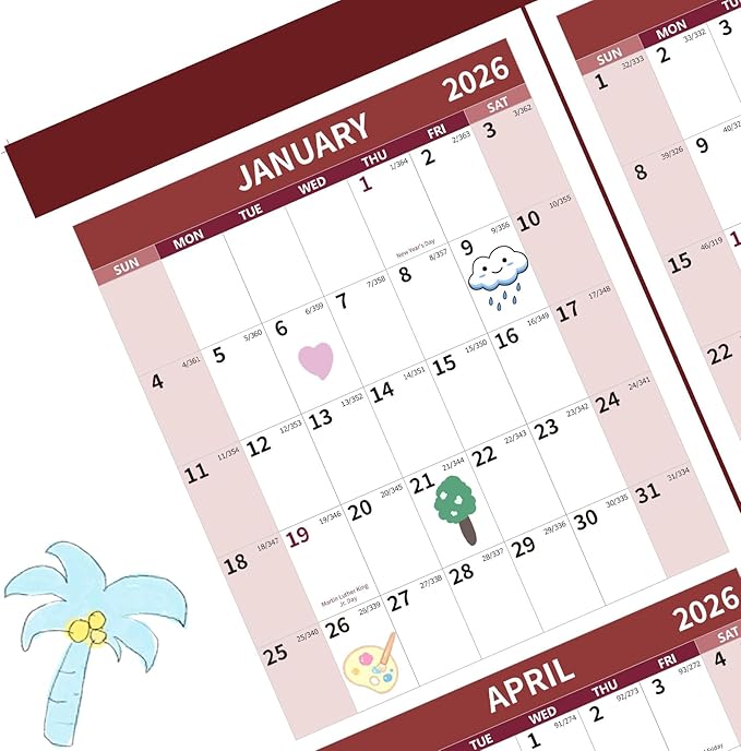 2026 Wall Calendar 34.8" x 22.8" Large Vertical Yearly Wall Hanging Calenda with Julian Date Thick Paper Calendar 12 Month Annual Wall Planner for Wall Office Fridge(Red)