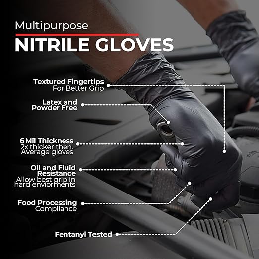 Heavy Duty 6 Mil Black Nitrile Gloves - Disposable, Latex & Powder Free | Mechanic, Food Prep & Tattoo | Rubber Gloves for Cooking, Cleaning & Household | Pack of (100)