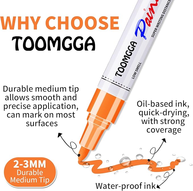Orange Permanent Paint Pens - 6 Pack Oil Based Paint Markers, Pens For Rock Painting Car Tyre Metal, Plastic, Canvas, Mugs, Wood, Glass, Quick Drying and Waterproof, Medium Point