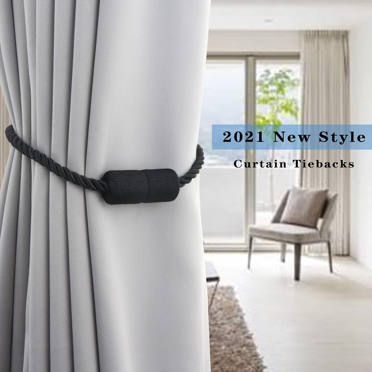 2 Pack Black Strong Magnetic Curtain Tiebacks Outdoor Elegant Decorative Tie Backs Modern Rope Tiebacks for Drapes Window Curtain Holdbacks for Draperies