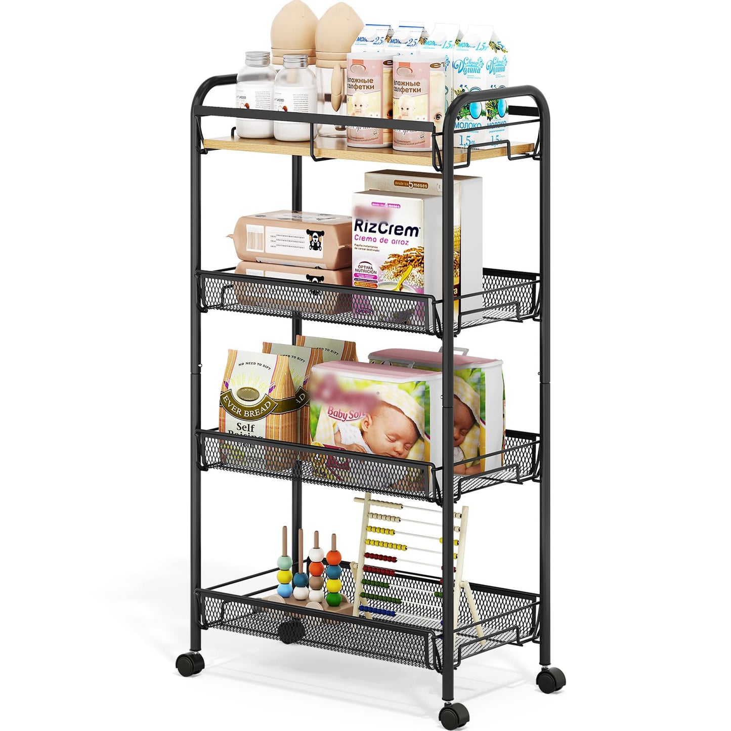 TOOLF 4-Tier Rolling Cart, Metal Utility Cart, Slide Out Storage Cart with Wooden Tabletop and Mesh Baskets, Easy Assemble Trolley for Kitchen Bathroom Laundry Room Bedroom Apartments Dormitory