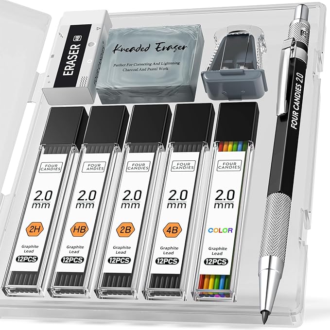 Four Candies 2MM Mechanical Pencil Set with case, Artist Led Pencil Metal Lead Holder with 60PCS Graphite Lead Refill (HB, 2H, 2B, 4B, Color) Kneaded Eraser, Sharpener for Writing, Drawing, Sketching