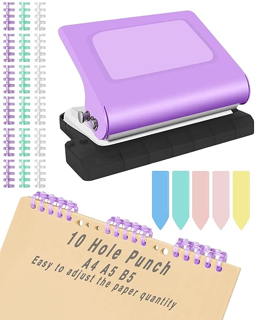 10 Hole Punch Binding Machine for Planners,Paper Puncher with Binder Rings,Punches Holes on B5,A4,A5 Paper,Metal Manual Binding System,Handheld Metal Circle Paper Puncher for Home Office Study,Purple
