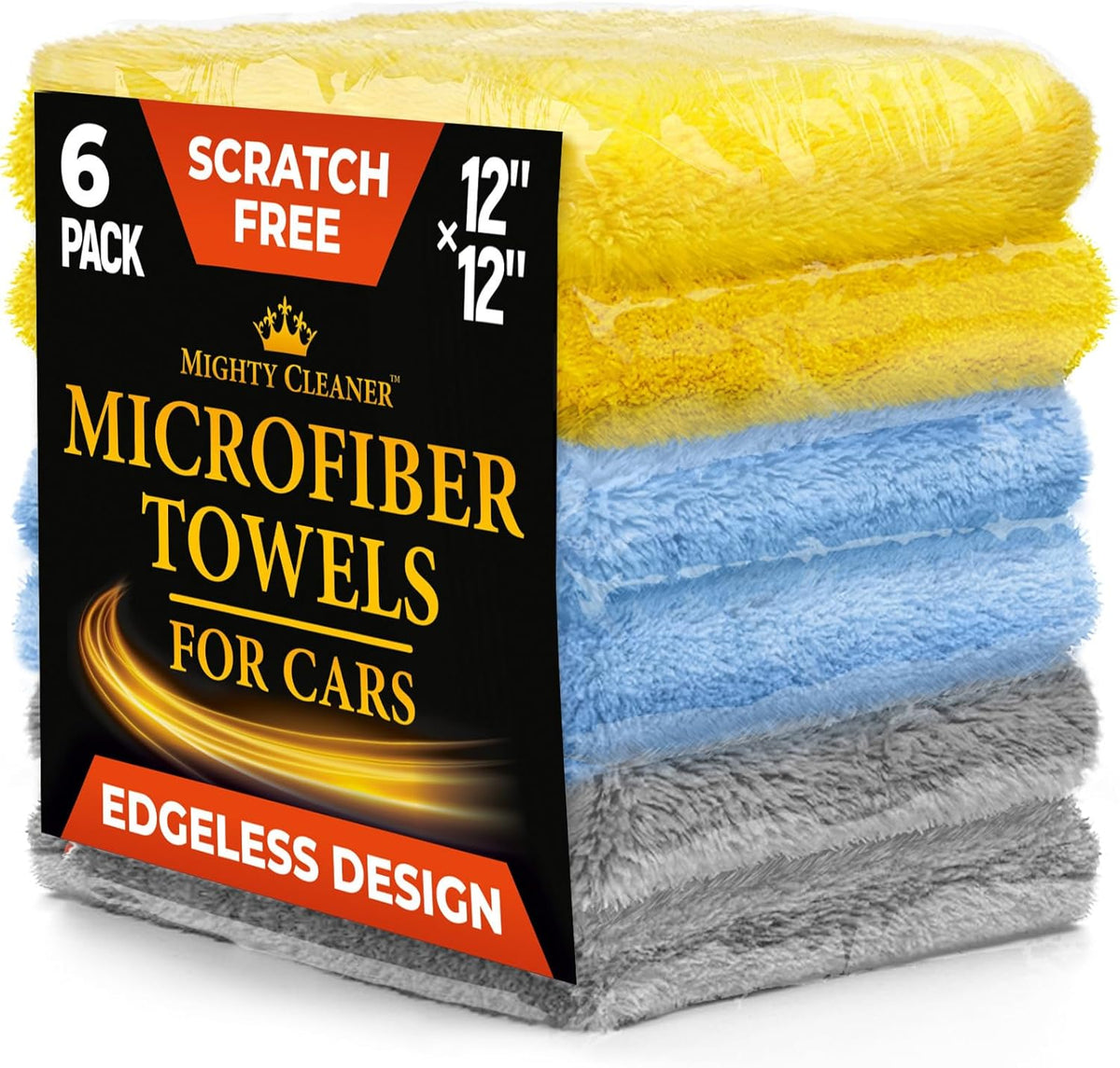 Edgeless Microfiber Towels for Cars – 6pk (12”x12”) - 540 GSM - Super Soft Detailing & Buffing – Scratch-Free & Absorbent Microfiber Cleaning Cloths for Car Polishing