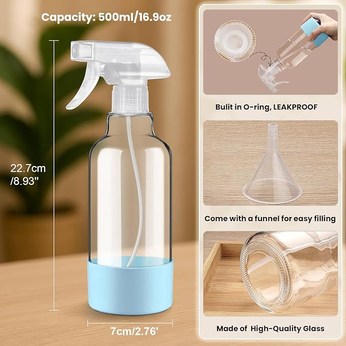Glass Spray Bottles with Silicone Sleeve 16.9oz 2 Pack Empty Spray Bottle for Hair Mist/Stream Spraying for Cleaning Solutions, Plants, Essential Oils (clear-qblue&white)