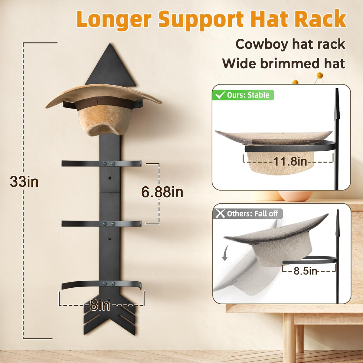 HYDERMUS Hat Organizer for 10 Baseball Caps and 3 Cowboy Hat Cowboy Hat Rack for Wall with Solid Wood Arrow Hat Storage Cowgirl Hat Hanger Closet Storage and Organizer Black