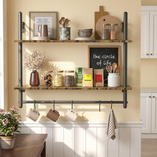Merapi Industrial Pipe Floating Shelf with Towel Bar & Hooks - 31.5" Wall Mounted Kitchen, Bathroom, Coffee Bar Shelf - Modern Farmhouse Wood & Metal Shelves with 8 S-Hooks