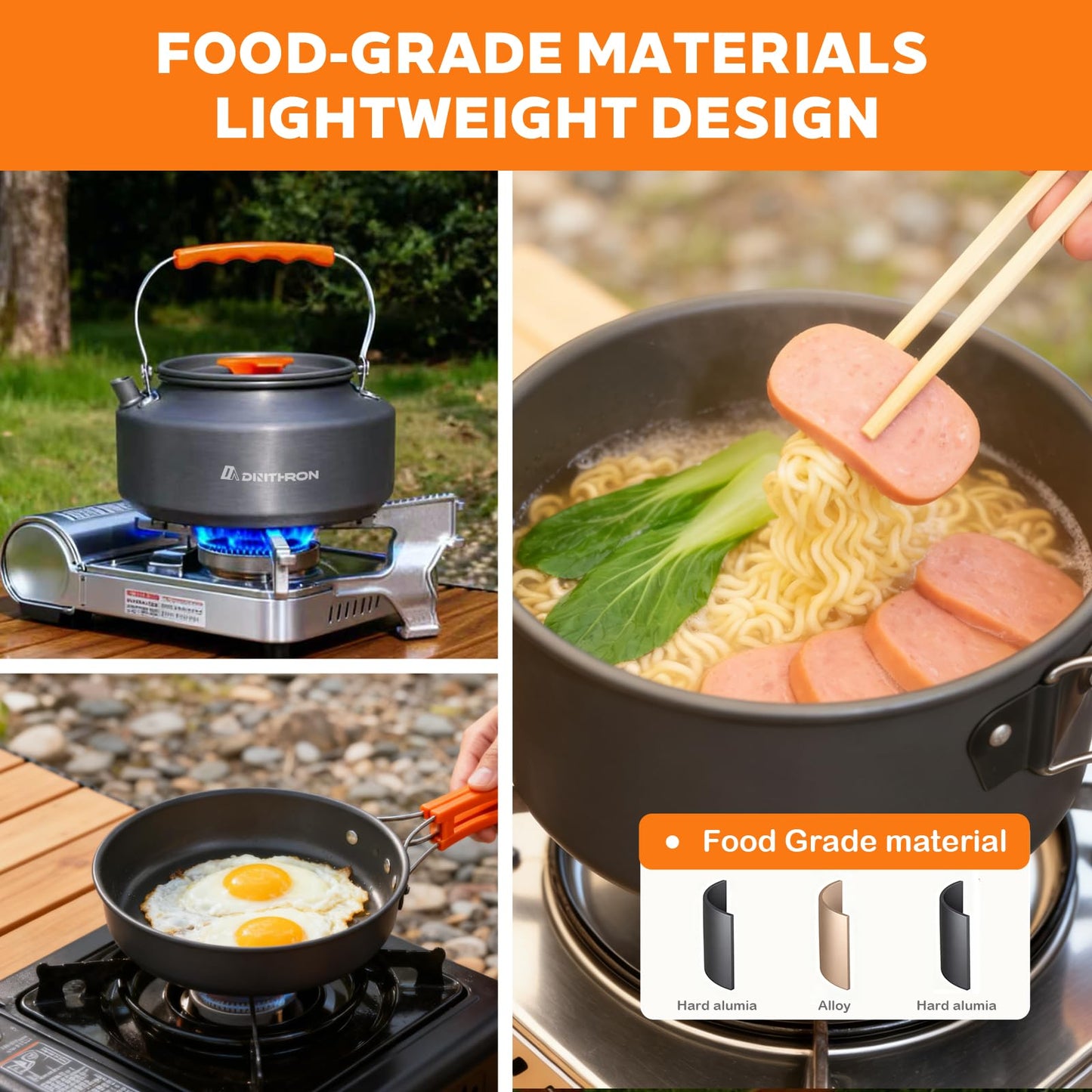 DINITHRON Camping Cookware Set Silicone Handle 10-Piece Lightweight Backpacking Pots and Pans Set, Compact Nesting Camping Cooking Set with Folding Handle for Hiking Family Camping & Outdoor Picnic