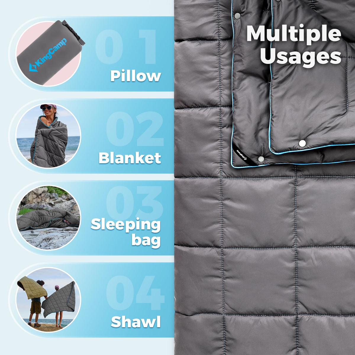 KingCamp Ultralight Camping Blanket, Packable Down Alternative Puffy Wearable Blankets Weatherproof Warm Package Quilt with Snap Buttons for Outdoor Hiking Travel Picnic Stadium (69" x 53", CHARCOAL)