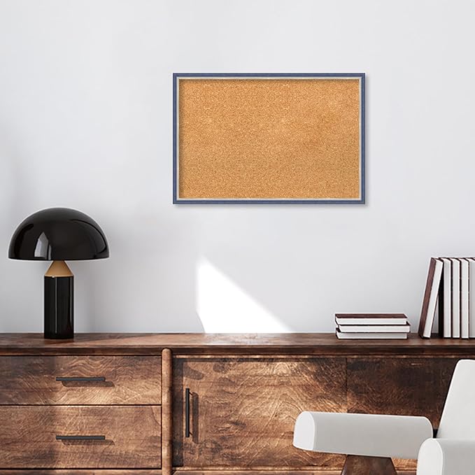 Amanti Art Natural Cork Board for Wall, 17x25 Vision Board with Blue Wood Frame, Medium Corkboard Office Decor for Home Organization, Modern Contemporary Corkboard Pinboard to display items for home