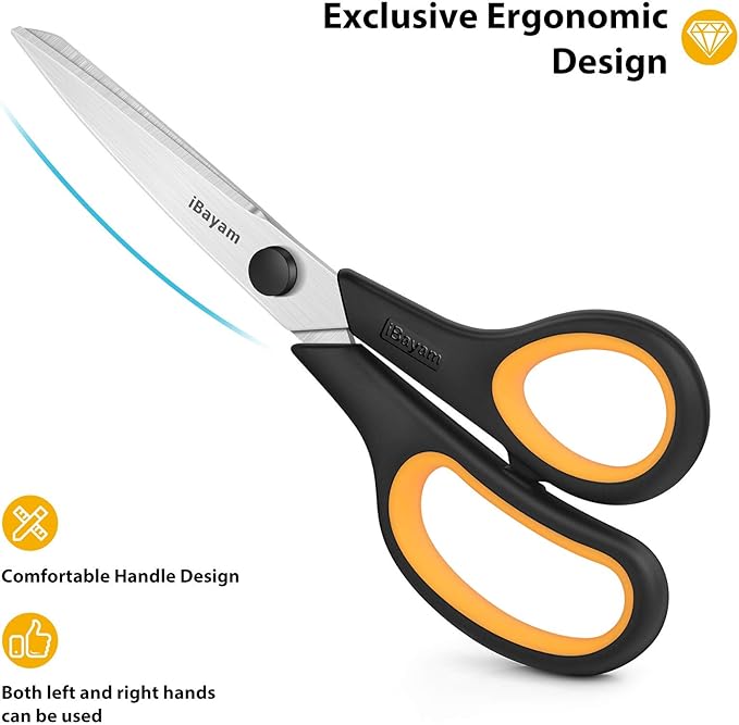 Scissors All Purpose, iBayam 8" Heavy Duty Scissors Bulk 3-Pack, 2.5mm Thickness Ultra Sharp Blade Shears with Comfort-Grip Handles for Office Home School Sewing Fabric Craft Supplies, Right/Left Hand