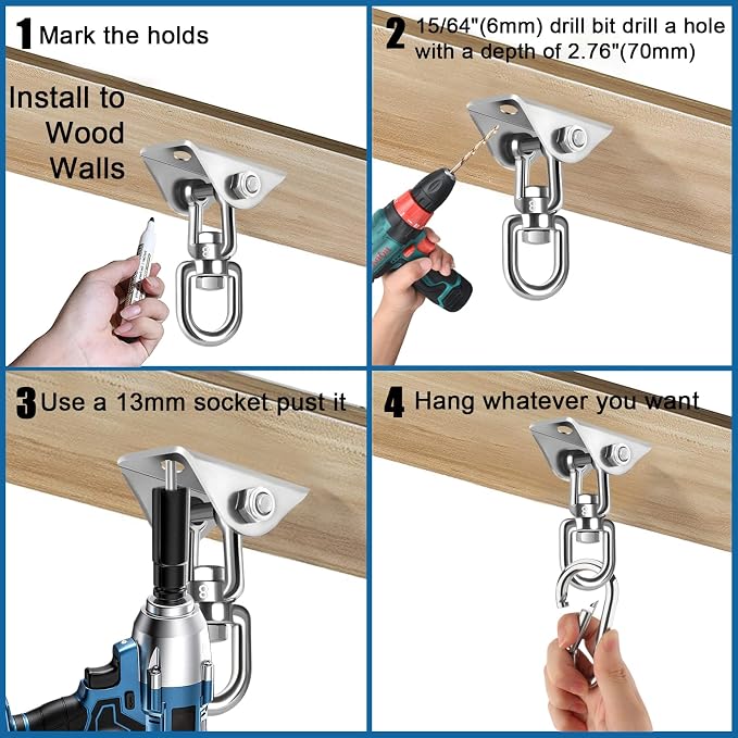 2-Pack Hammock Hanging Kit, 360-Degree Swivel Heavy-Duty Swing Hooks, Supports 1200 lbs, Stainless Steel Swing Hardware for Hammocks, Playgrounds, Yoga, Chairs & Heavy Bag. Installs on Concrete/Wood.