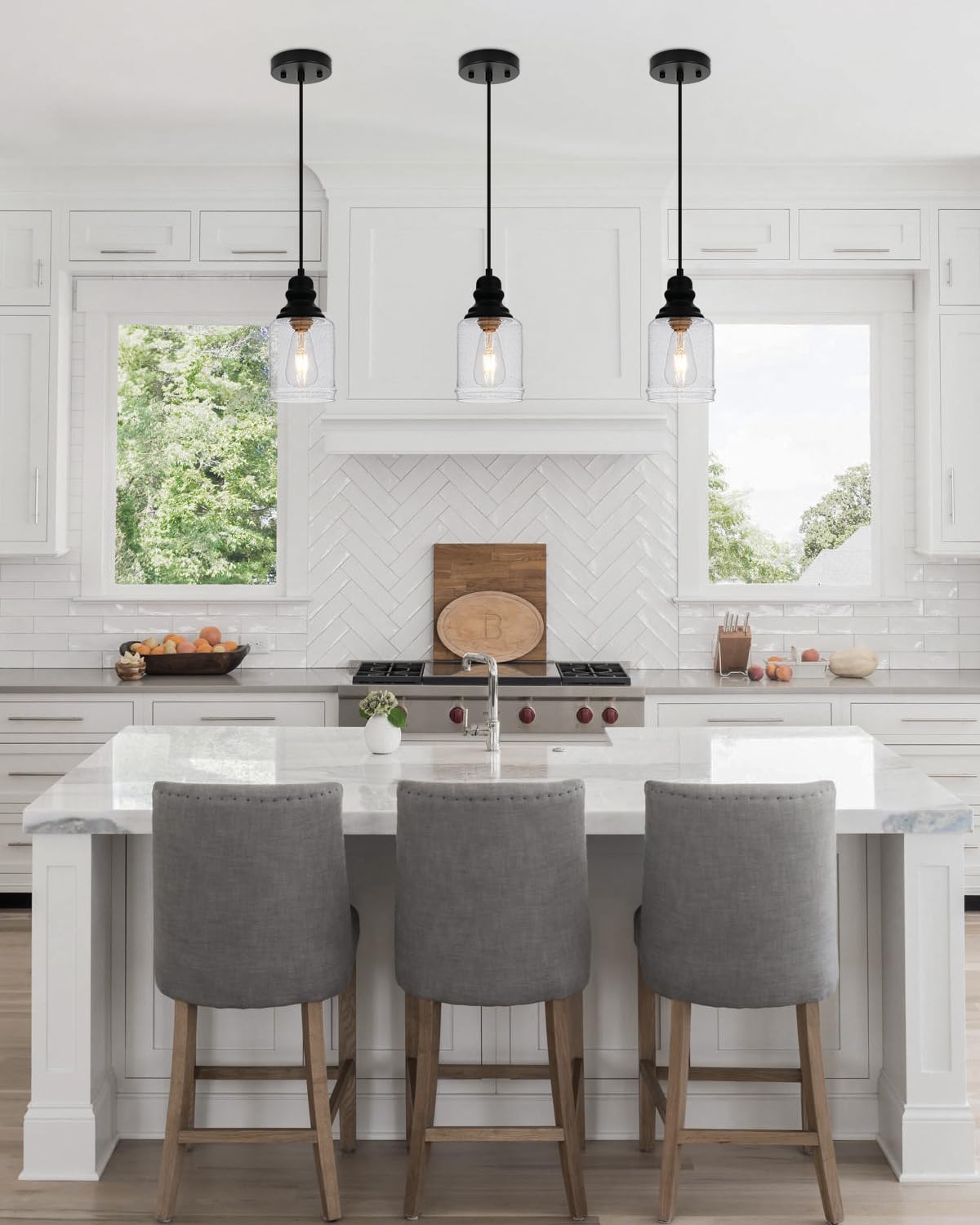 WILON Modern Glass Pendant Lights for Kitchen Island, 6.29" Mini Pandent Light Fixture with Seeded Glass Shade Black Farmhouse Pendant Lights E26 Base Hanging Kitchen Lights for Sink Dinging Room