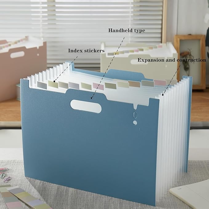 2-Piece Accordion Folder Manager, 12 Grid Expansion Pages, Portable Monthly Bill and Receipt Manager That Opens Upright, Colored Labels, School, Home, and Office letterhead/A4 Size, Sky Blue