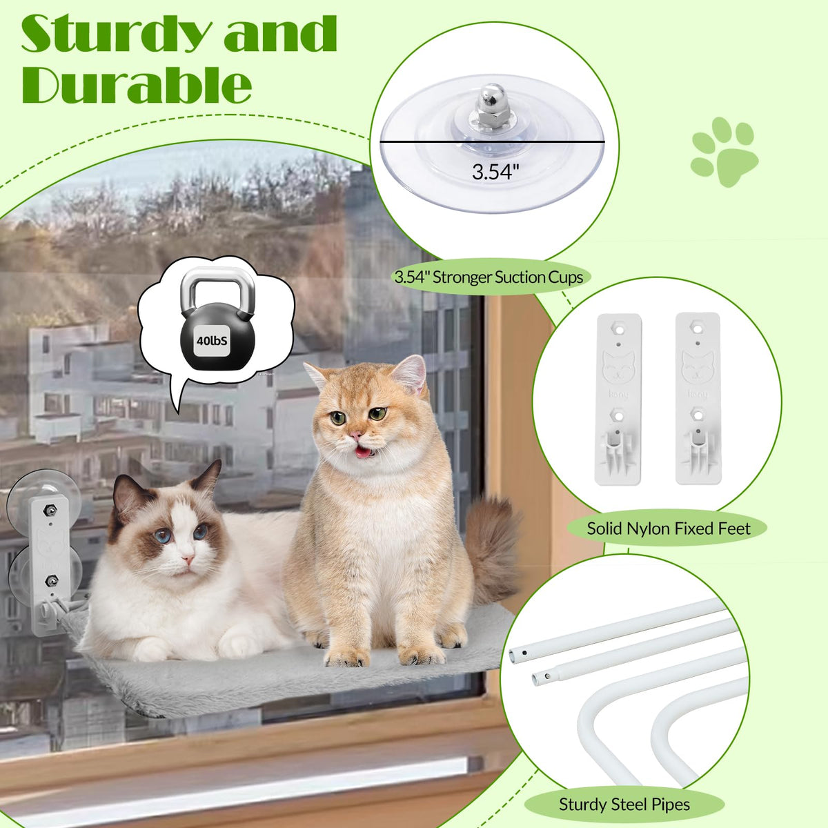 keny Cordless Cat Window Perch, Foldable Cat Window Hammock with 4 Suction Cups, Reversible Cover with Two Different Kinds of Fabrics, 40Lbs Load Capacity Sturdy Cat Window Bed for Cats Inside, Grey