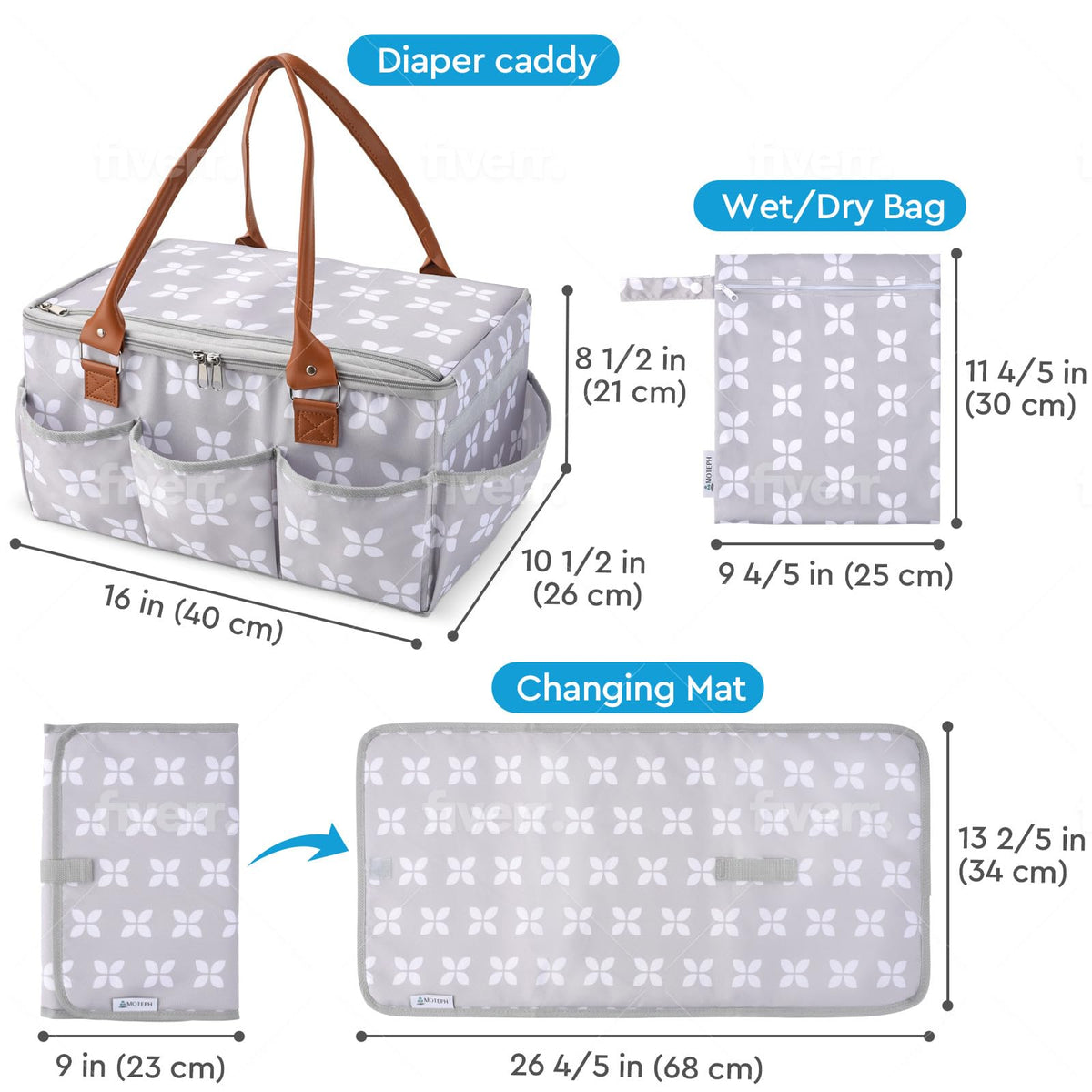 Moteph Diaper Caddy Organizer - Baby Caddy with Lid & Changing Mat, Car Diaper Caddy, Large Nursery Storage Diaper Tote Basket for Changing Table with Zip-Top Cover, Great for Baby Showers - Grey
