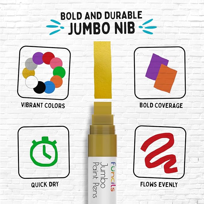 10 Jumbo Acrylic Paint Markers - 15mm Fat Acrylic Paint Pens for Canvas, Rock Painting, Wood, Plastic, Glass - Large Thick Permanent Pens for Signs, Board, Calligraphy, Poster Markers