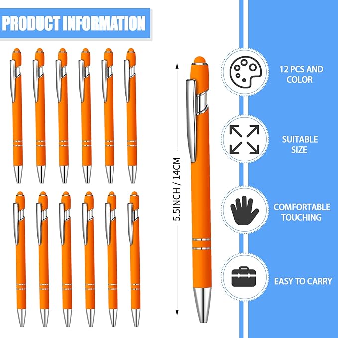 12 Pcs Blue Ink Ballpoint Pen with Stylus Tip, 1.0 mm Metal Pen Stylus Pen for Touch Screens, 2 in 1 Thank You Pen Gift for Friends, Colleagues, Coworker, Office, Family (Orange)