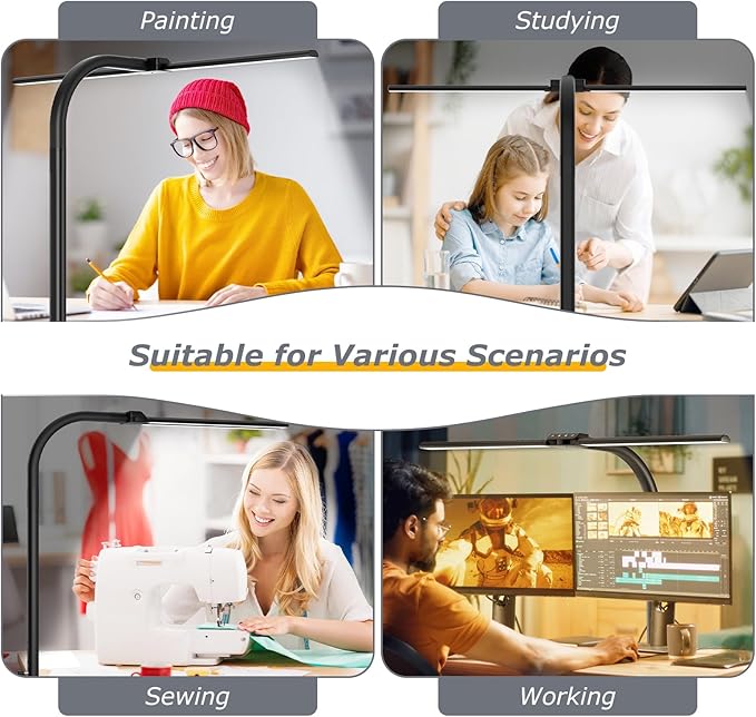 Double Head Desk Light with Clamp, LED Desk Lamp with Remote Control, Tall Double Head Desk Lamp with Clamp, 10 Brightness Modes & 10Colors, Adjustable Desk Light for Work & Study