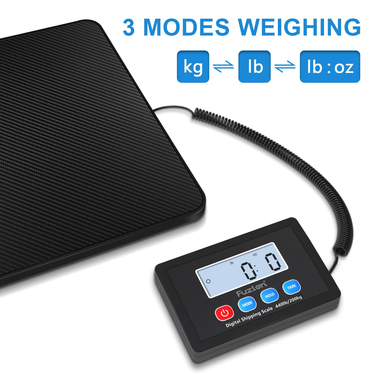 Fuzion Shipping Scale, 440LB x 10g High Accuracy Postal Scale, Hold/Tare Function, Digital Shipping Postal Scale for Packages, Postage, Luggage, Mailing, Battery & AC Adapter Included