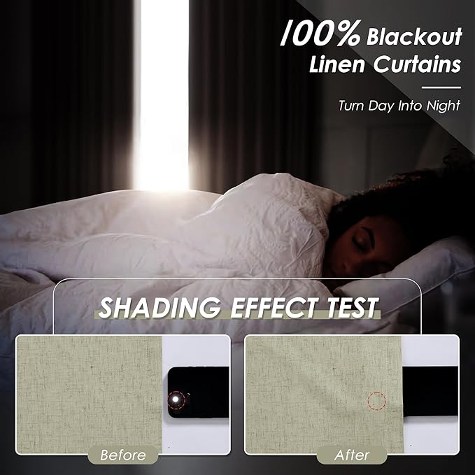Nanspring Sage Green Linen 100% Blackout Curtains 80 inch Length Back Tab Rod Pocket Drapes Thermal Insulated Textured Bedroom Black Out Curtains 2 Panels Set 52x80