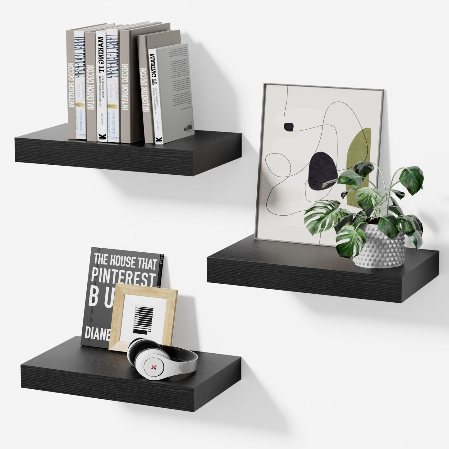 Modcraft Black Floating Wall Shelves for wall 3-Pack, 11.8" Small Wall Mounted Shelves, Sturdy Multi-Set Storage & Display for Bathroom Over Toilet, Kitchen, Living Room, Bedroom