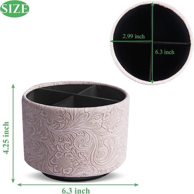 lizimandu Round Leather Art Supply Organizer,Remote Control Holder,360 Degree Spinning,Multi-Functional Pencil Holder,4 Compartments Desktop Stationary Organizer(1-Carved White)