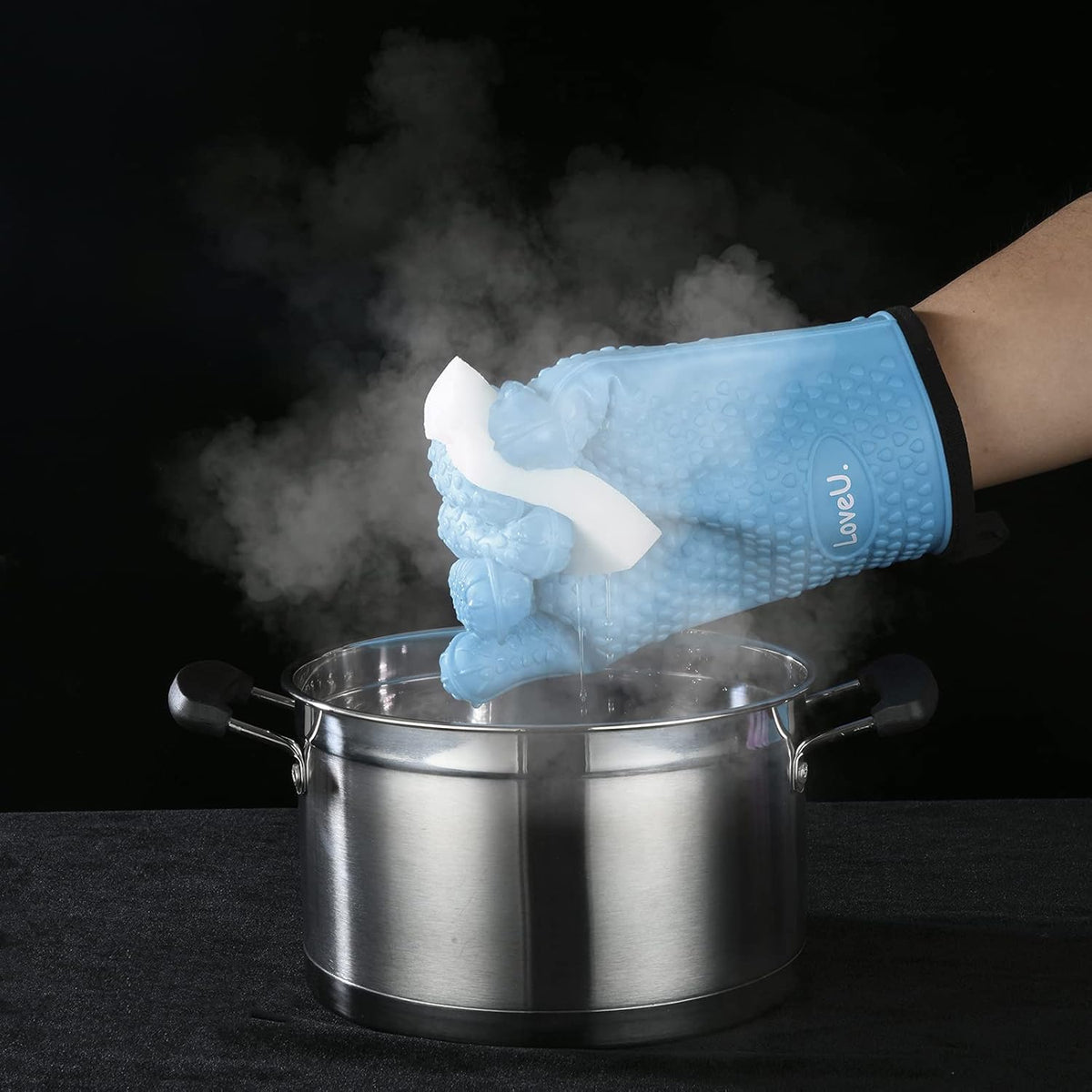 Kitchen Oven Gloves - Dual-Layer Heat Resistant Grilling Gloves, Silicone Oven Mitts with 5 Fingers, Waterproof Non-Slip Pot Holder for Barbecue, Cooking, Baking (XL-XXXL, Blue)
