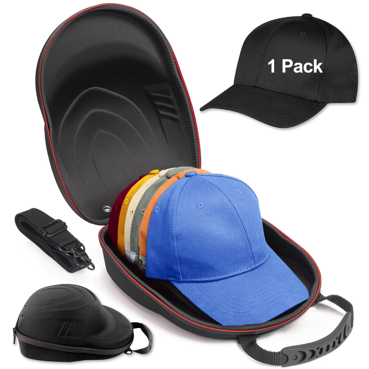 Glamgen Hard Hat Case for Baseball Caps,Hat Carrier Travel Case with 1 Pack Black Baseball Cap and Adjustable Shoulder Strap, Hat Organizer Holder Bag for 6 Baseball Caps for Women and Men - Black