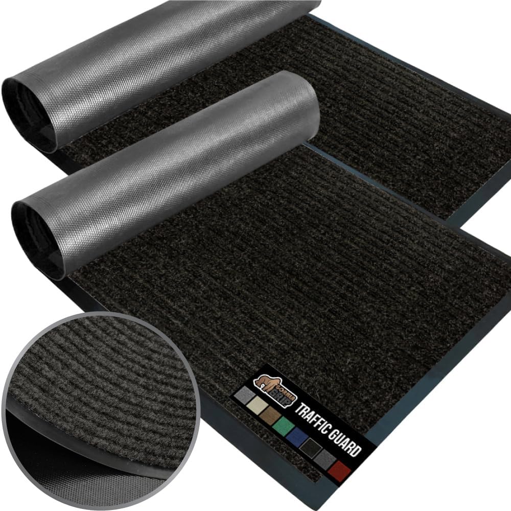 GORILLA GRIP Traffic Guard Door Mat, 2 Pack, Heavy Duty Waterproof Doormat, Commercial Office Space Welcome Mats, Stain and Fade Resistant, Low Profile, Strong Rubber Backing, 29x17, Jet Black