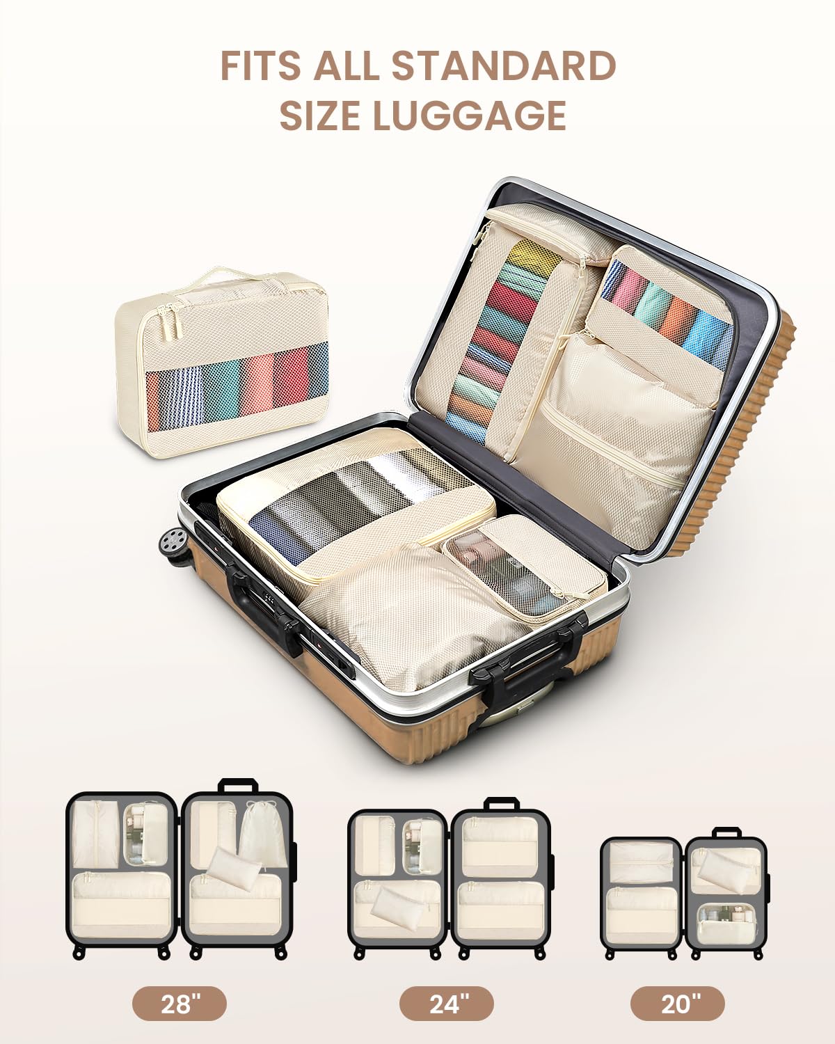 8 Set Packing Cubes, Travel Essentials for Carry on Luggage, Suitcase Organizer Bags Set for Travel Accessories in 4 Sizes(Extra Large, Large, Medium, Small)，Cream