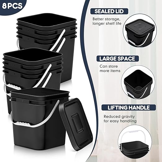 Mumufy 8 Pcs 3.5 Gallon Square Food Grade Bucket with Lid Square Bucket Pail with Plastic Handles for Storing Dry Food, Charcoal, Camping, Fishing (Black)