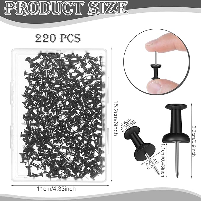 220 Count Black Push Pins Standard Plastic Head Steel Point Thumb Tacks for Cork Board Wall Hanging